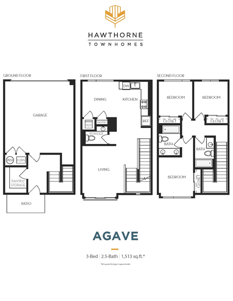Floor plan for 3 beds, 2.5 baths, 1513 sqft